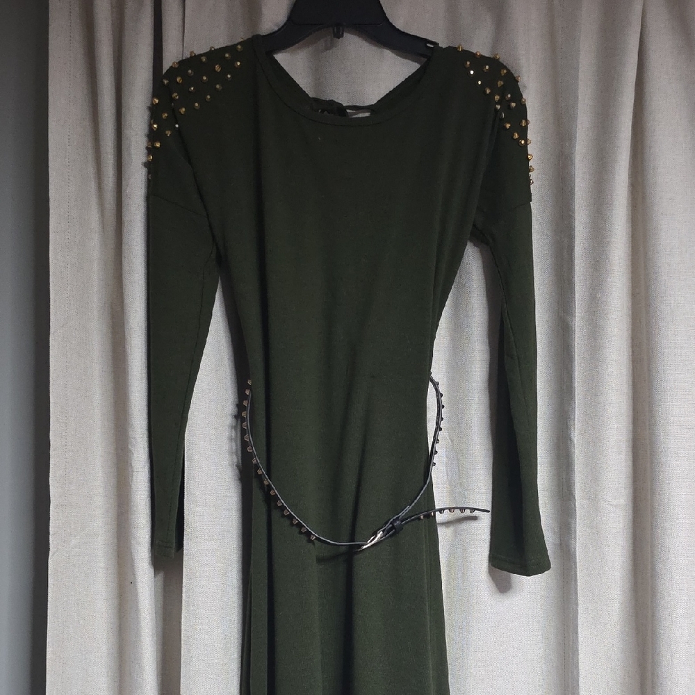 Ya Los Angeles Olive Green Studded Long Sleeve Dress